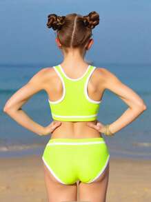 SHEIN Tween Girls' Summer Vacation Beach Contrast Trim Bikini Set - Yellow - View 2