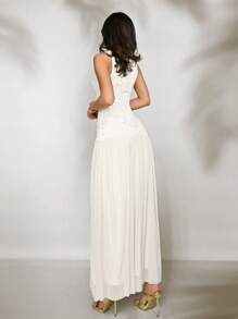 Aloruh Vestido súper largo con cuello de volantes, bordado y malla plisada, romántico para mujeres, perfecto para bodas y vacaciones, primavera/verano