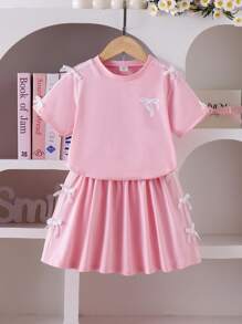 Young Girl' Black Comfortable Round Neck Bow Decor Printed Short Sleeve Top And Elastic Waist Short Skirt 2 Pieces Set - Pink - View 1
