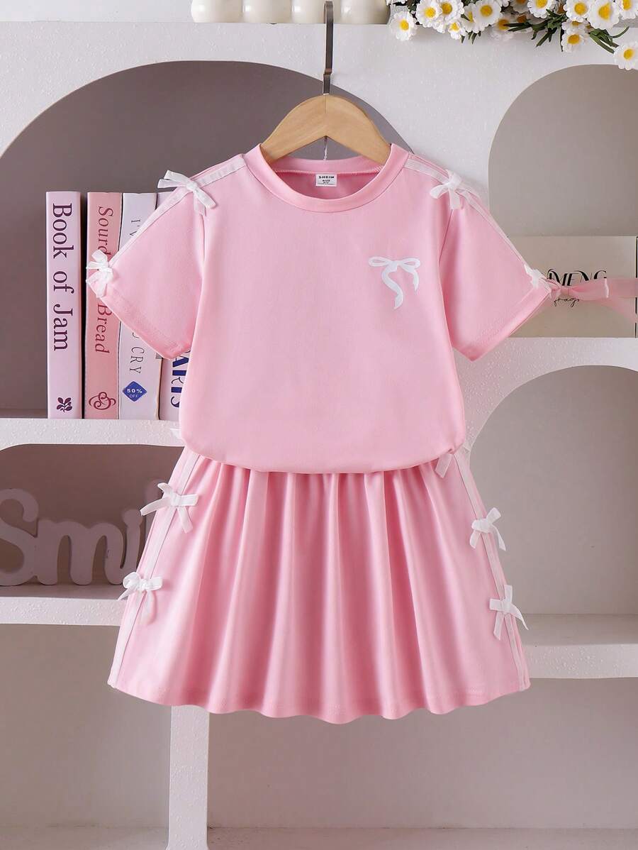 Young Girl' Black Comfortable Round Neck Bow Decor Printed Short Sleeve Top And Elastic Waist Short Skirt 2 Pieces Set - Pink - View 1