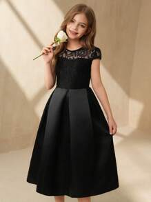 SHEIN Tween Girls' Elegant Solid Color Lace Patchwork Party Dress - Black - View 1