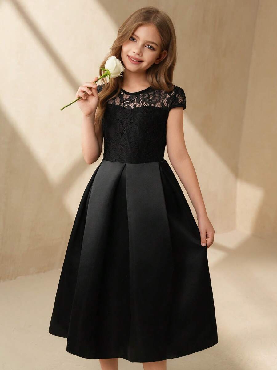 SHEIN Tween Girls' Elegant Solid Color Lace Patchwork Party Dress - Black - View 1