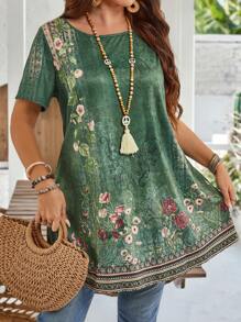 EMERY ROSE Plus Size Crew Neck Short Sleeve Floral Print Casual Blouse, Everyday Wear,Summer Outfits For Women/Summer,Tropical Vacation Woman Clothes - Green - View 5
