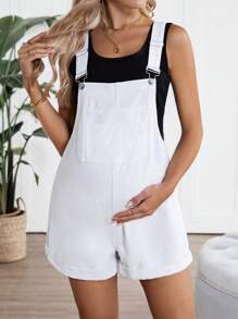 SHEIN Pregnant Women Denim Bib Pants And Jumpsuit Casual Fitted Bib Shorts, White, Beach Outfits For Maternity, Summer/Summer Outfits For Women, Suitable For Parties, Holidays, Dates, Valentine's Day Outfits, Rave Outfits/Concert Outfit Women/Country Concert Outfit/Rave/Rave Outfits Festival/Nashville Outfits/Ibiza Outfits, Elegant, Boho/Bohemia/Boho Women's Clothing;Mother Day/Mom/Mother/ Mommy/Mother's Day/Mama/Mum/Mother's Day Gift - White - View 1