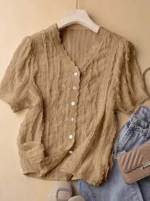 New Lace Trim Patchwork Short Sleeve Ladies Blouse - Khaki - View 1