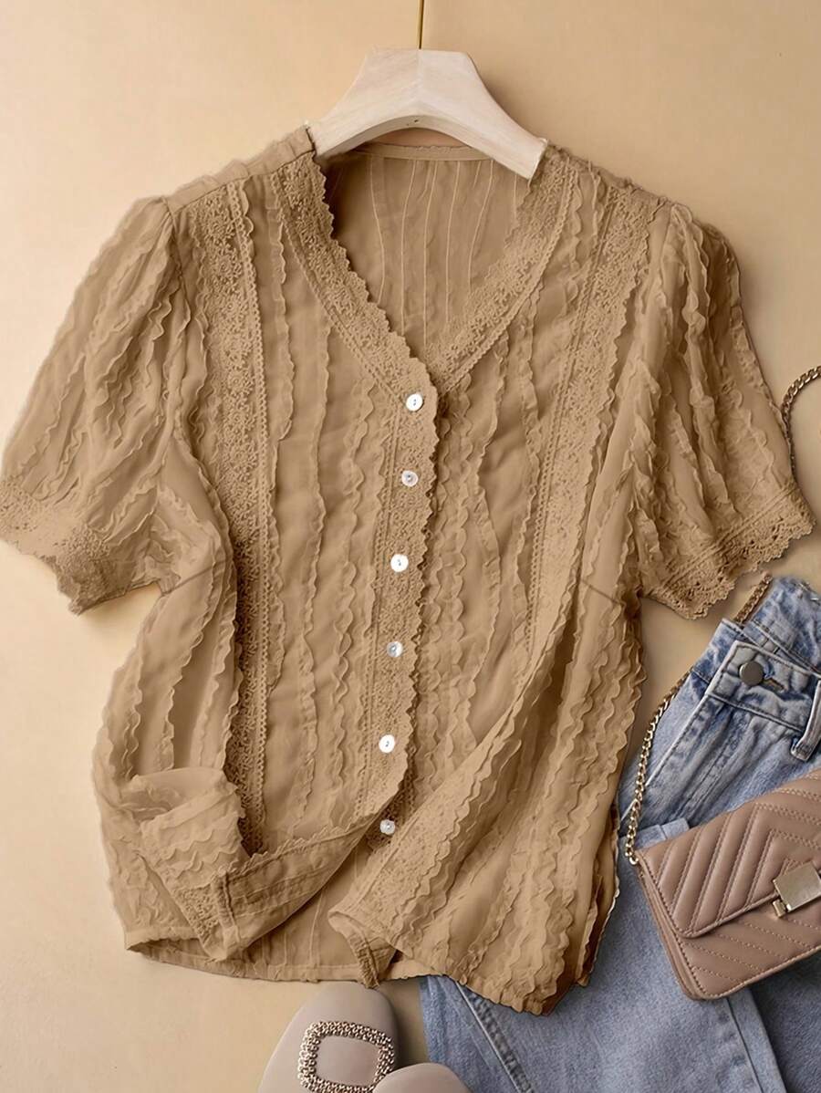 New Lace Trim Patchwork Short Sleeve Ladies Blouse - Khaki - View 1