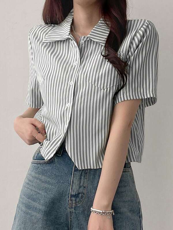 DAZY Women's Striped Collar Short Sleeve Cropped Casual Shirt, Green, Spring/Summer