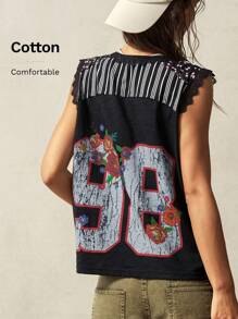 Bohemela Top gráfica tipo tanque de estilo vintage estadounidense casual de verano para mujer, con estampado numérico de punto