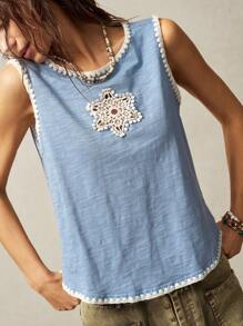 Bohemela BOHO Women's Sleeveless Snowflake Cutout Contrast Color Cute Casual Tank Top