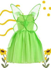 SHEIN Playful Pals Vestido de disfraz de hada dulce y elegante para niña, vestido de princesa con alas, adecuado para niños de 4 a 7 años, excelente para fiestas de cumpleaños, festivales, bodas, niña de las flores, actuaciones en el escenario - Verde - Ver 3
