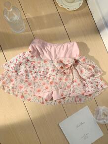 SHEIN EZwear 女装夏季休闲甜美度假拼接撞色碎花多层不对称蛋糕裙系带蝴蝶结A字迷你裙 - 粉色 - 查看 7