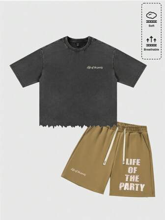 Grunge Punk 2pcs/Set Men's Letter Print Short Sleeve T-Shirt And Shorts Set