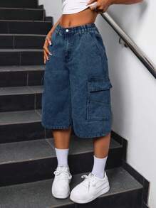 SHEIN ICON Women's Casual Dark Wash Denim Bermuda Shorts With Zipper Details And Cargo Pockets