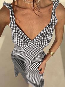 Aloruh 女式休闲格子无袖荷叶边中长连衣裙 - 黑與白 - 查看 7