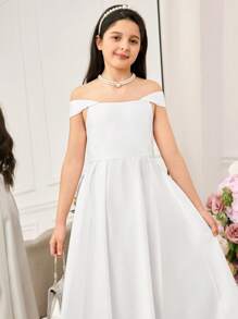 Tween Girls Elegant White Satin Camisole Mid-Length Dress, Summer