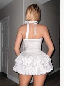 SHEIN ICON Summer Elegant Solid Color Backless Halter Birthday Party Graduation White Mini Dress With Ruffle - White - View 8