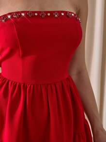 EURMUSE Off Shoulder A-Line Shaped Rhinestone Embellishment Romantic Chic Elegant Dress - Red - View 6
