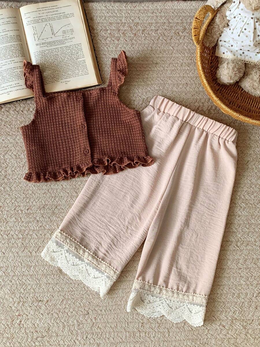 Blossori Young Girls French Style Elegant Knitted Vest And Woven Pants 2 Pieces Set, Spring/Summer - Multicolor - View 1