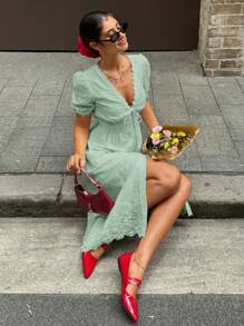 Serisse Women Solid Color V-Neck Midi Dress With Short Sleeves, Fashionable For Summer Sage Green Dress,Bodycon Dress Elegant Evening Dress - Green - View 3