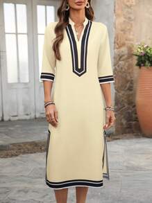 EMERY ROSE Vestido casual recto de manga corta con escote en V a rayas para vacaciones de mujeres