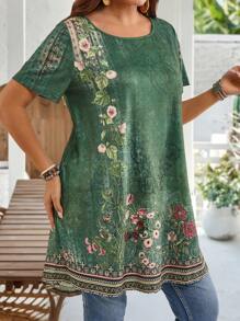 EMERY ROSE Plus Size Crew Neck Short Sleeve Floral Print Casual Blouse, Everyday Wear,Summer Outfits For Women/Summer,Tropical Vacation Woman Clothes - Green - View 6