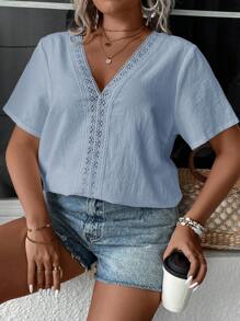 EMERY ROSE Plus Size Women V-Neck Contrast Lace Short Sleeve Casual Blouse - Baby Blue - View 5