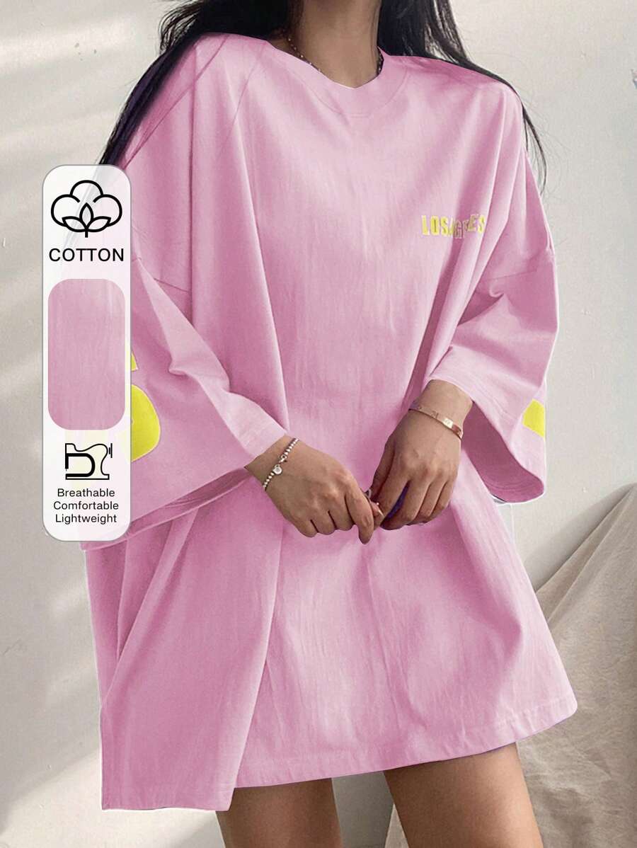 DAZY 女式夏季休闲超大落肩字母印花 T 恤，男女通用，返校服 - 粉色 - 查看 1