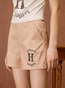 HARRY POTTER X SHEIN 女士夏季条纹字母印花口袋短裤 - 咖啡棕 - 查看 3