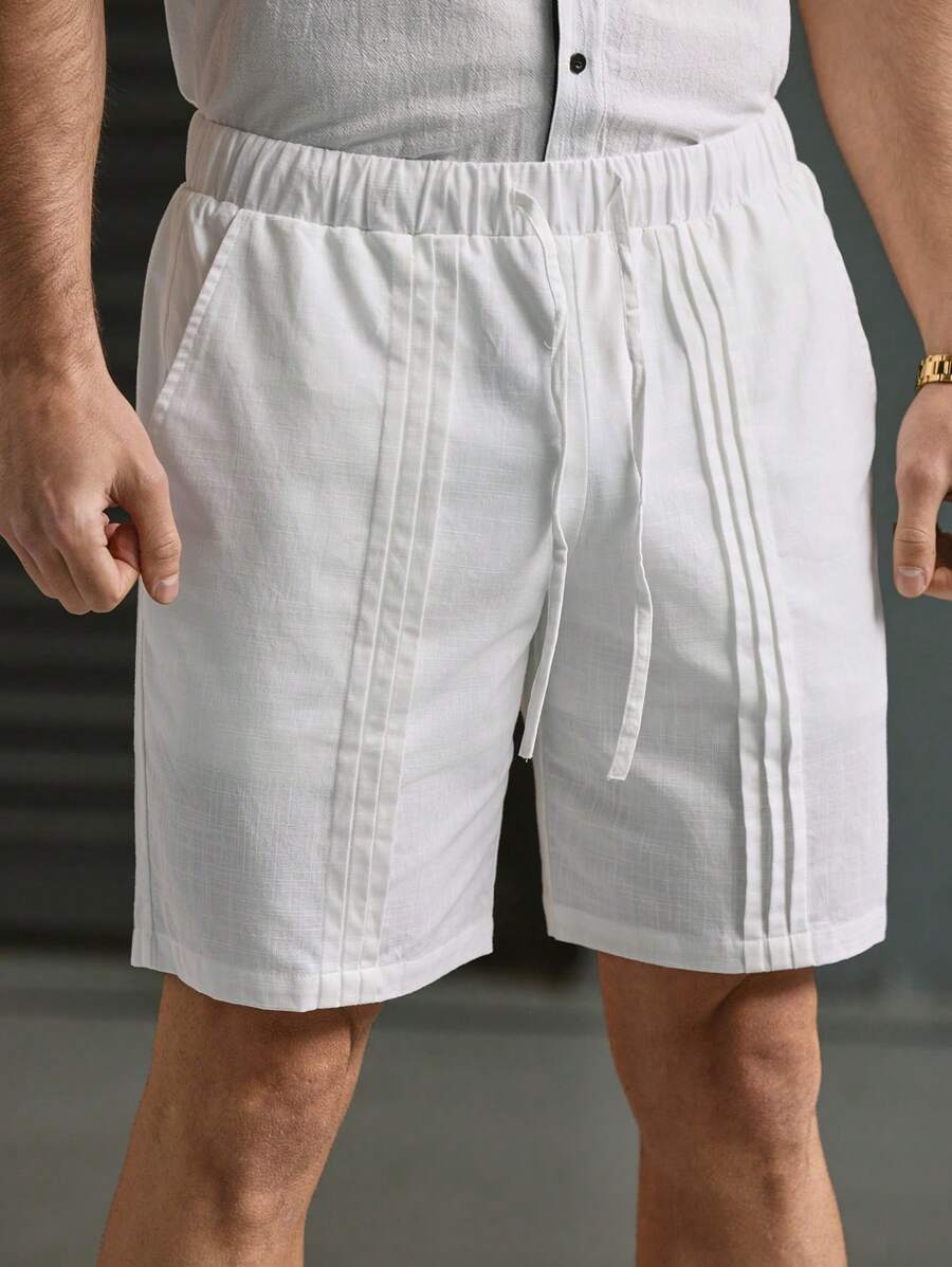 Mainfolk 100% Cotton Men's Woven Fashionable Casual Mature Pleated Workmanship Slim Fit Solid White Elastic Waist Straight Leg Shorts, Travel Essentials - White - View 1