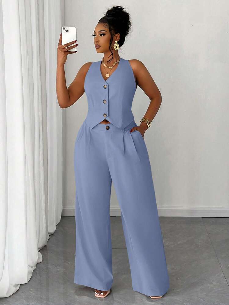 Maweii Ensemble 2 pièces grande taille pour femmes composé d'un gilet court unicolore et d'un pantalon large - Bleu azur - Voir 6