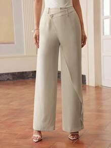 ZEYLAH Pantalones rectos de tela tipo 'commuter' para mujer con bolsillo lateral con abertura y color liso