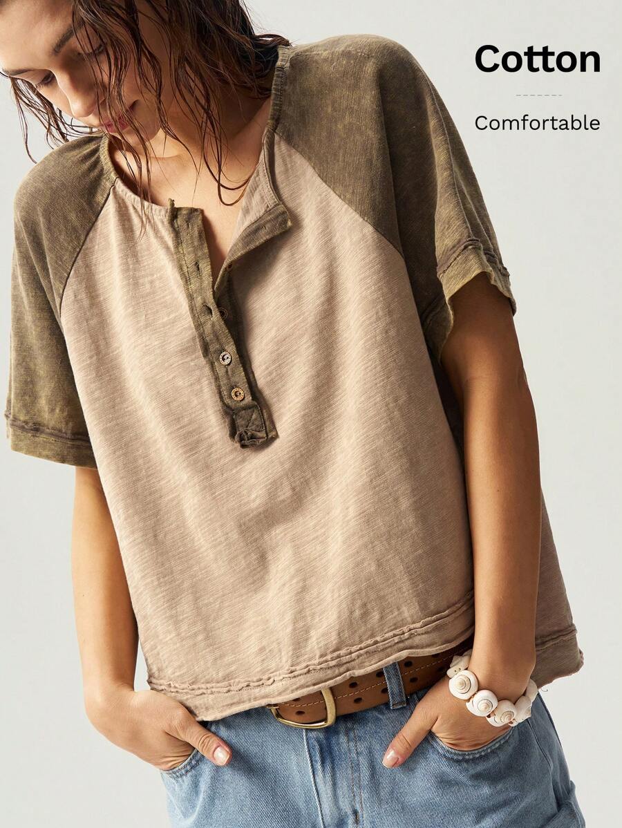 Bohemela Boho Vintage Style Knit Splicing Short Sleeve Half Placket Fitted Washed T-Shirt For Women, Spring Summer