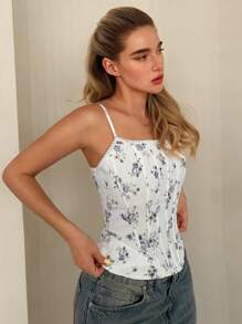 Glamine Sexy Romantic Floral Print Patchwork Ruffle Hem Slip Camisole For Women - Multicolor - View 5