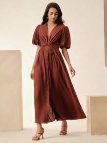 Anewsta Elegant Design Waist Twist V-Neck Short Sleeve Long Dress For Women, Spring Summer Outfits, Classy, Elegant, Beach, Festival, Holiday, Vacation - Burgundy - View 4