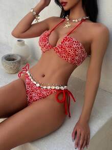 SHEIN VCAY Top de bikini con cuello de halter y nudo delantero con estampado floral sexy para mujer, para verano, playa, vacaciones, casual, bohemio, traje de baño de tiro alto, floral, Ibiza, vacaciones, playa para mujer, vacaciones - Multicolor - Ver 8