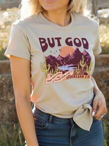 SHEIN LUNE But God Printed Plus Size Short Sleeve T-Shirt - Apricot - View 1