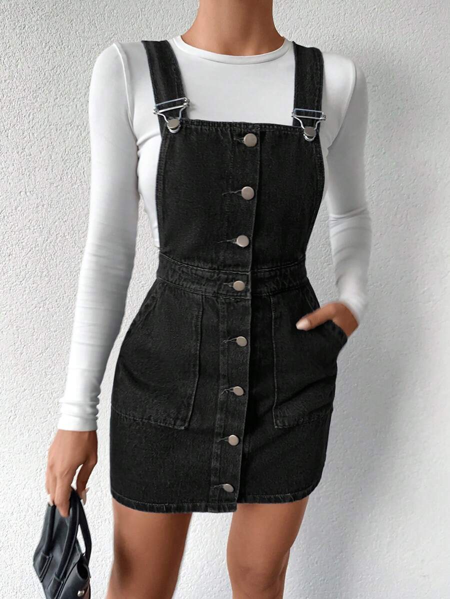 EURMUSE Women's Casual Faded Front Button Denim Pinafore Dress - Dark Grey - View 1