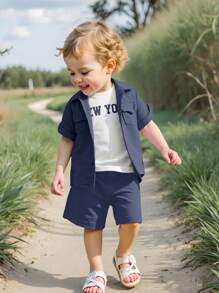 SHEIN 3pcs Baby/Toddler Girl/Boy Navy Blue & White Summer Collared Short Sleeve Cardigan, Elastic Waist Shorts, Letter Printed Sleeveless Vest, Versatile For Vacation, Casual, Sports - Navy Blue - View 8