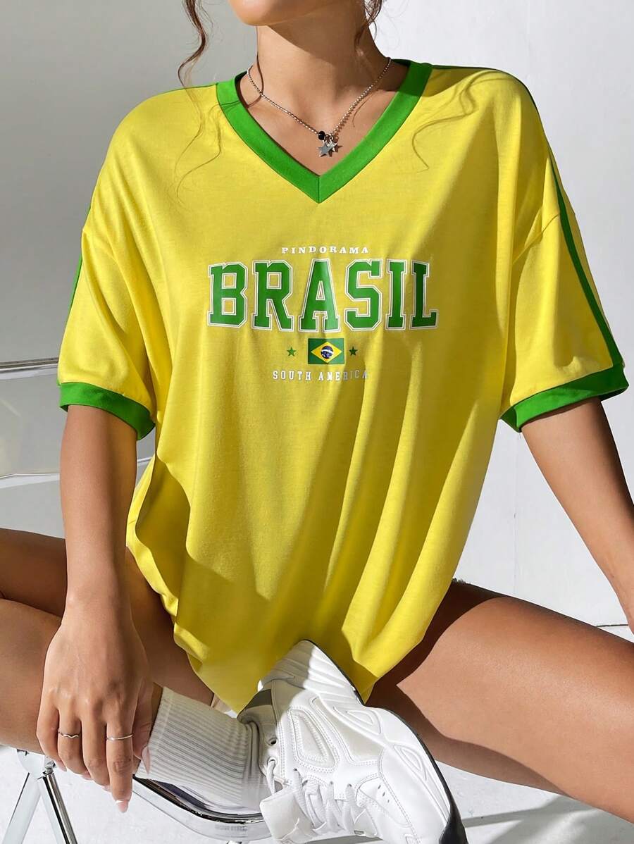 SHEIN EZwear 巴西隊顏色寬鬆t卹,夏季休閒穿著 - 黃色 - 查看 1