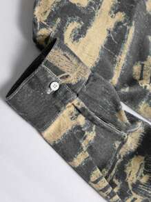 Manfinity Homme Men's Abstract Print Denim Shirt: Long Sleeve Regular Fit Shirt Collar Button-Down Casual Top With Pockets In Black And Khaki - Black - View 3