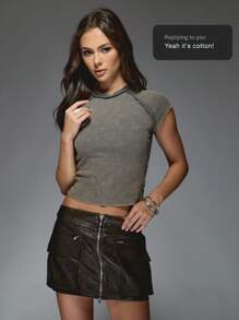 MISSGUIDED Casual Ribbed Cap Sleeve Crop Top With Raw Edge Detail Active Sport Style T Shirt Fashion Forward Y2k Design Spring Summer Essential Basic - Dark Grey - View 7