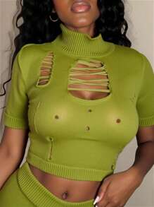 Slaydiva 2pcs Set Women Casual Vacation Knit Bodycon See-Through Sexy Outfit, Suitable For Music Festival, Easter, Graduation Season - Green - View 5