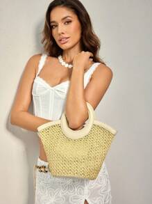 SHEIN BAE Bohemian Fishnet Beach Tote Bag, Vacation Style - Apricot - View 4