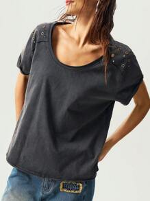 Bohemela Summer BOHO Music Festival Easter Bohemian Countryside Style Solid Color Knitted Round Neck Short Sleeve Loose Wash Washed Women T-Shirt - Grey - View 6