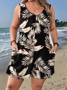 EMERY ROSE Mother's Day Casual Leaf Print Loose Plus Size Jumpsuit, Suitable For Spring/Summer - Multicolor - View 1
