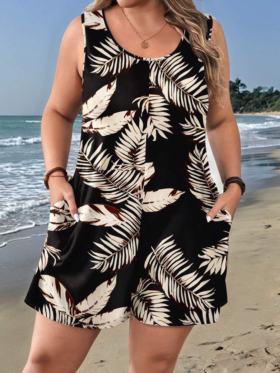 EMERY ROSE Mother's Day Casual Leaf Print Loose Plus Size Jumpsuit, Suitable For Spring/Summer - Multicolor - View 1