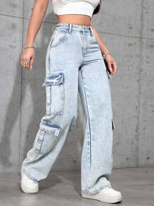 SHEIN EZwear Pantalones vaqueros rectos de color liso y bolsillos múltiples de uso casual