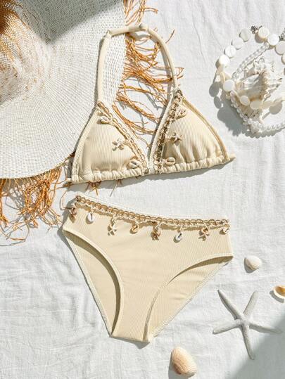 SHEIN Tween Girls' Shell Decor Halter Bikini Swimwear Set