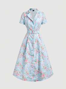 SHEIN MOD Đầm midi in họa tiết hoa cổ bẻ tay ngắn cài nút đơn cho nữ - Màu xanh lam - Xem 1