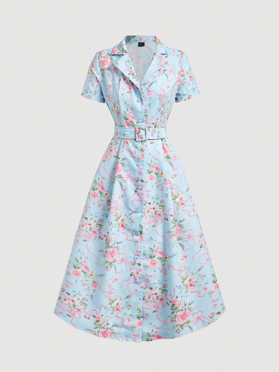 SHEIN MOD Đầm midi in họa tiết hoa cổ bẻ tay ngắn cài nút đơn cho nữ - Màu xanh lam - Xem 1